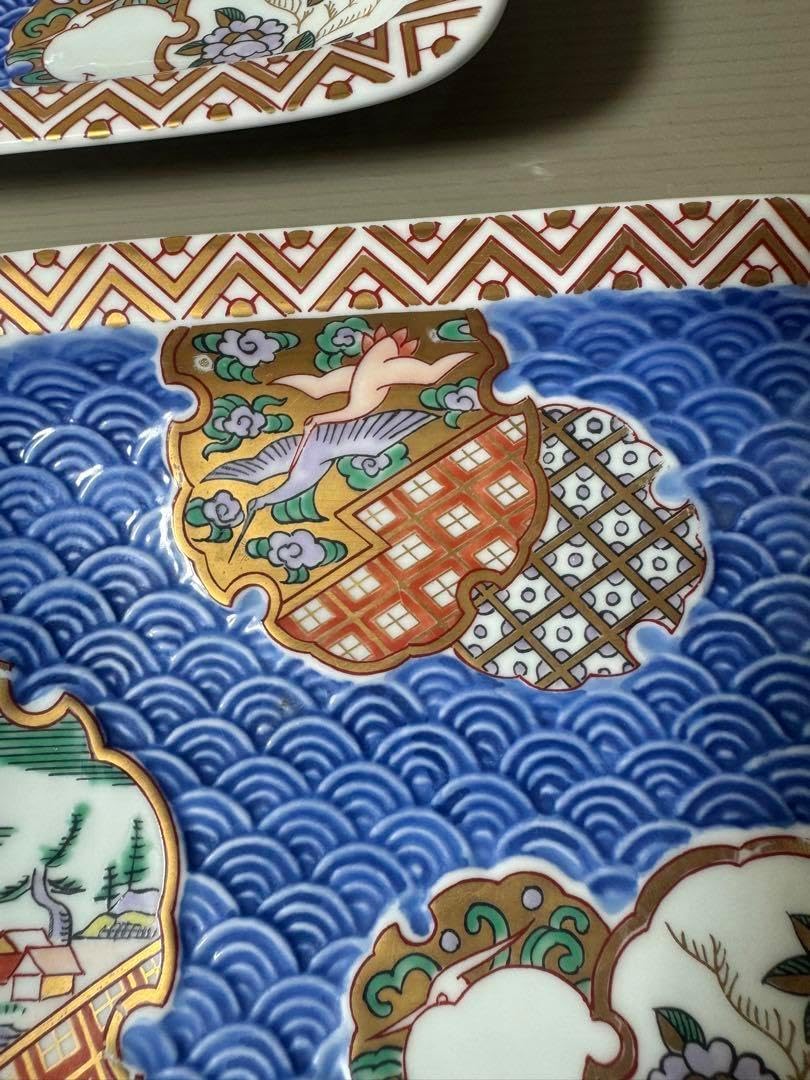 2367 林九郎窯 古伊万里風 青海波地紋雪輪 銘々皿５枚組 波佐見焼　未使用 2367 林九郎窯 古伊万里風 青海波地紋雪輪 銘々皿5枚組